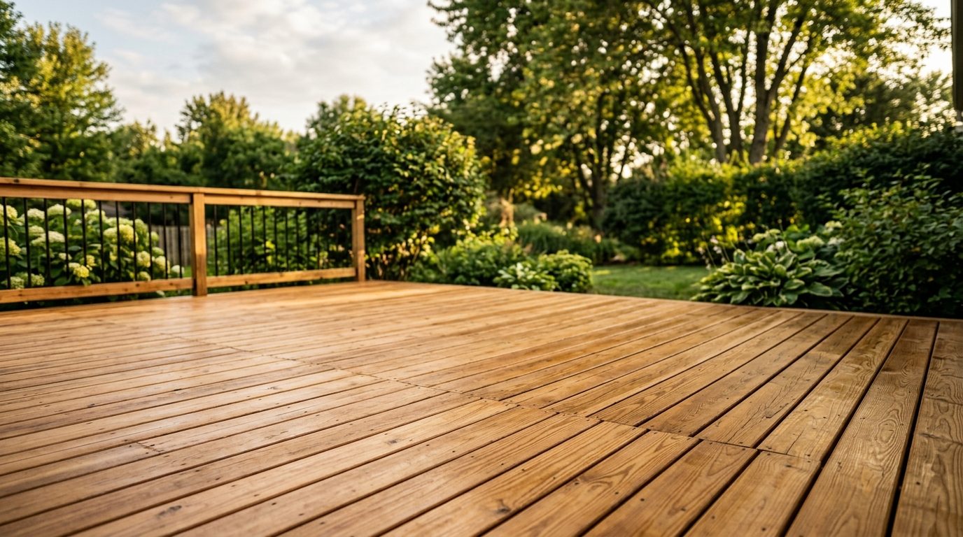 Freshly power-washed clean wooden deck in warm sunlight